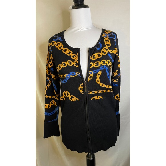 Ashley Stewart Chain‎ Print Cardigan Sweater Full Zip Gold Blue Black 12 - Picture 1 of 3